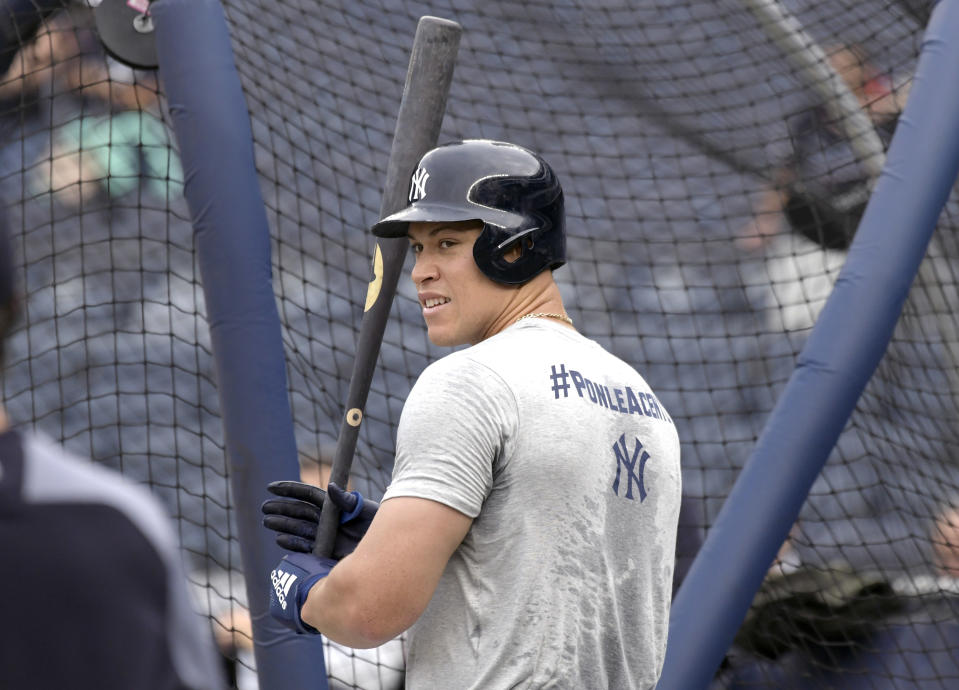 New York Yankees' Aaron Judge waits to hit during batting practice before a baseball game against the Toronto Blue Jays, Friday, Sept. 14, 2018, at Yankee Stadium in New York. (AP Photo/Bill Kostroun)