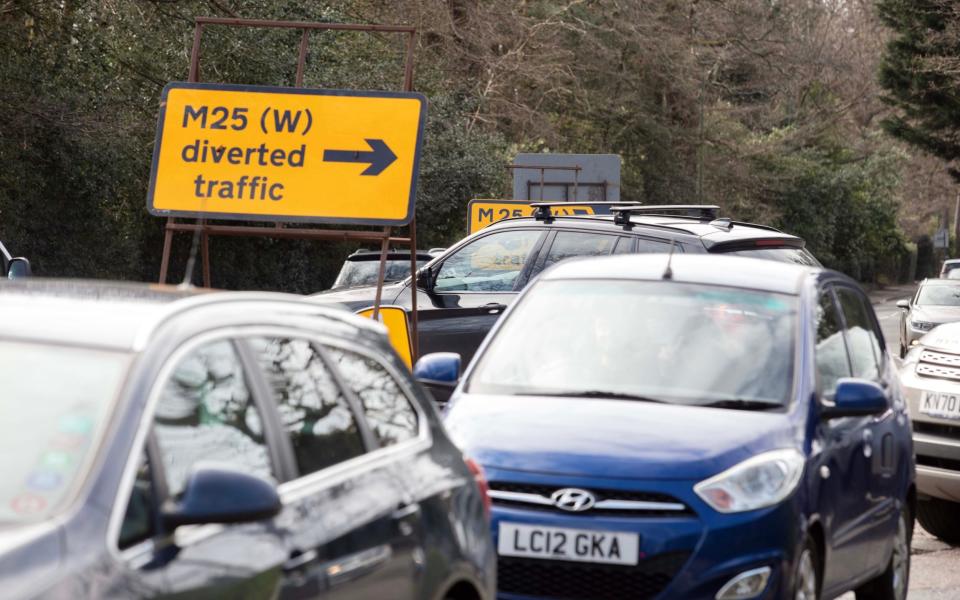 The westbound M25 diversion at West Byfleet begins