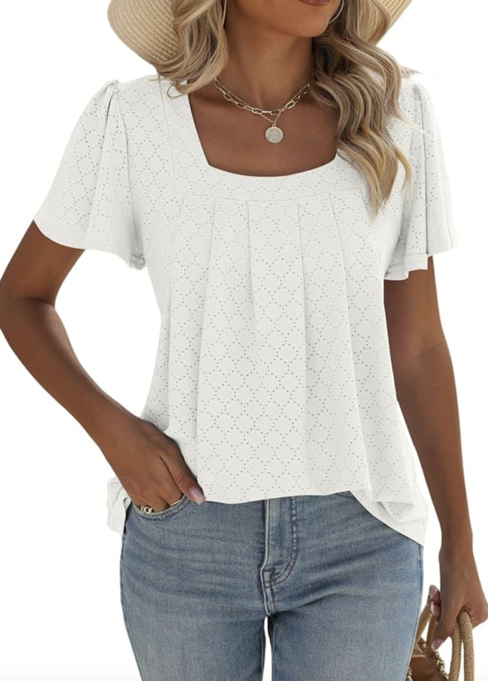 Take home this flattering summer top for just $35 (Photo via Amazon), isermeo Summer Tops for Women Pleated Square Neck Ruffle Sleeve Shirts Casual Loose Flowy Curved Hem Tunic S-XXL