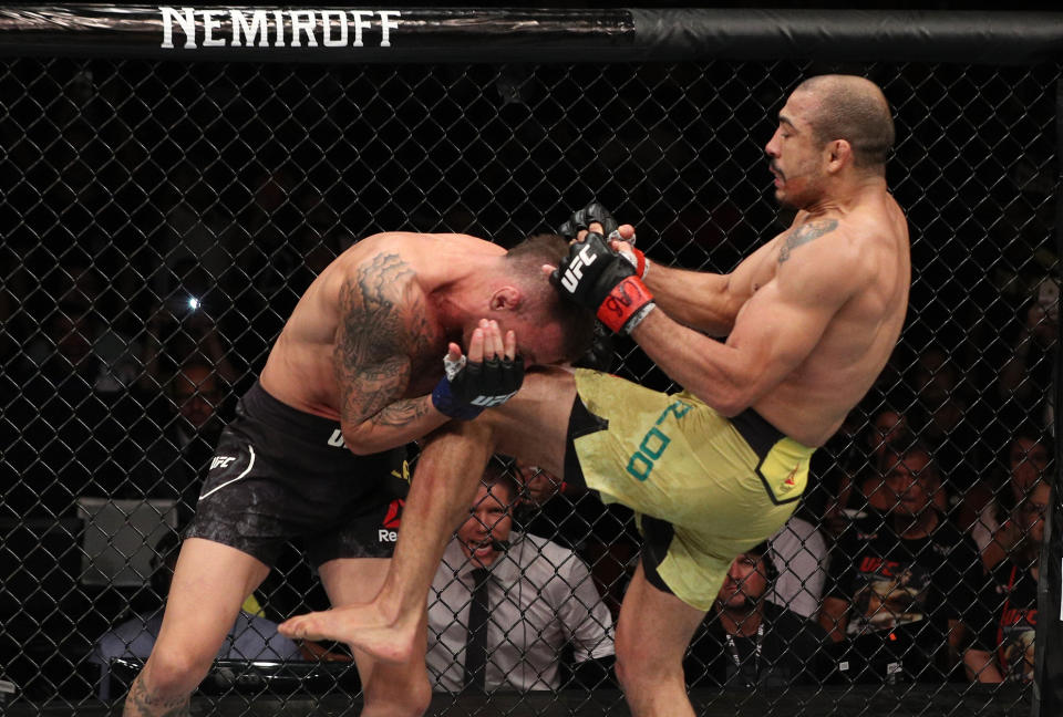 FORTALEZA, BRAZIL - FEBRUARY 02:  (R-L) Jose Aldo of Brazil knees Renato Moicano of Brazil in their featherweight fight during the UFC Fight Night event at CFO Centro de Formacao Olimpica on February 2, 2019 in Fortaleza, Brazil. (Photo by Buda Mendes/Zuffa LLC/Zuffa LLC via Getty Images)