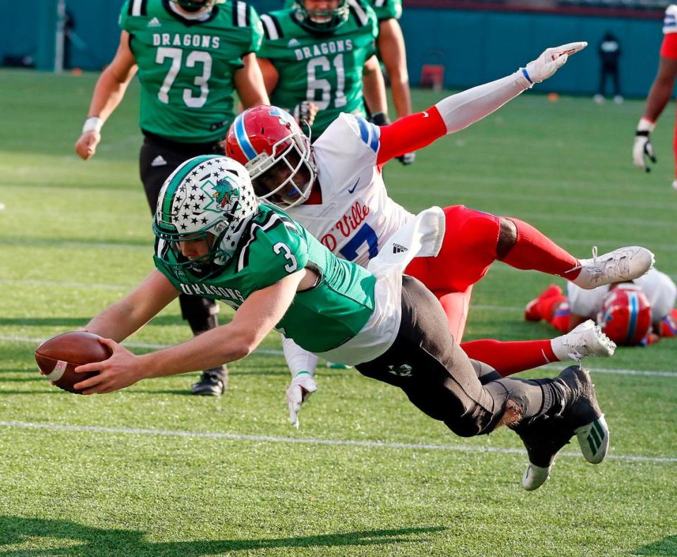 Southlake’s Quinn Ewers dives into the end one for a touchdown during the Conference 6A Division 1 2020 state championship semi-final football game at Globe Life Park in Arlington, Texas, Saturday, Jan. 09, 2021. Duncanville led 27-21 at the half. (Special to the Star-Telegram Bob Booth)