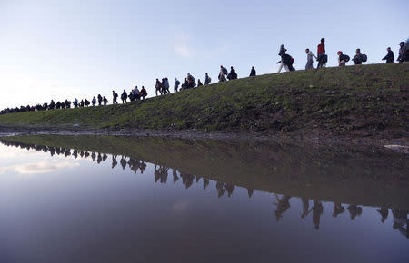 Migrants make their way on foot on the outskirts of Brezice, Slovenia October 20, 2015. REUTERS/Srdjan Zivulovic