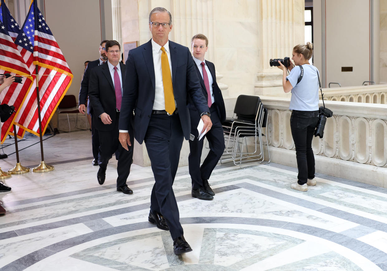 Senate Minority Whip John Thune (R-SD) arrives for a Senate Republican Policy luncheon at the Russell Senate Office Building on May 18, 2021 in Washington, DC. (Kevin Dietsch/Getty Images)