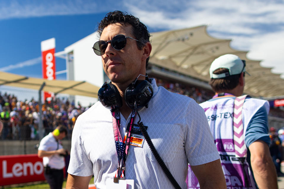 AUSTIN, TEXAS - OCTOBER 22: Irish pro-golfer Rory McIlroy on the grid during the F1 Grand Prix of United States at Circuit of The Americas on October 22, 2023 in Austin, United States. (Photo by Kym Illman/Getty Images)