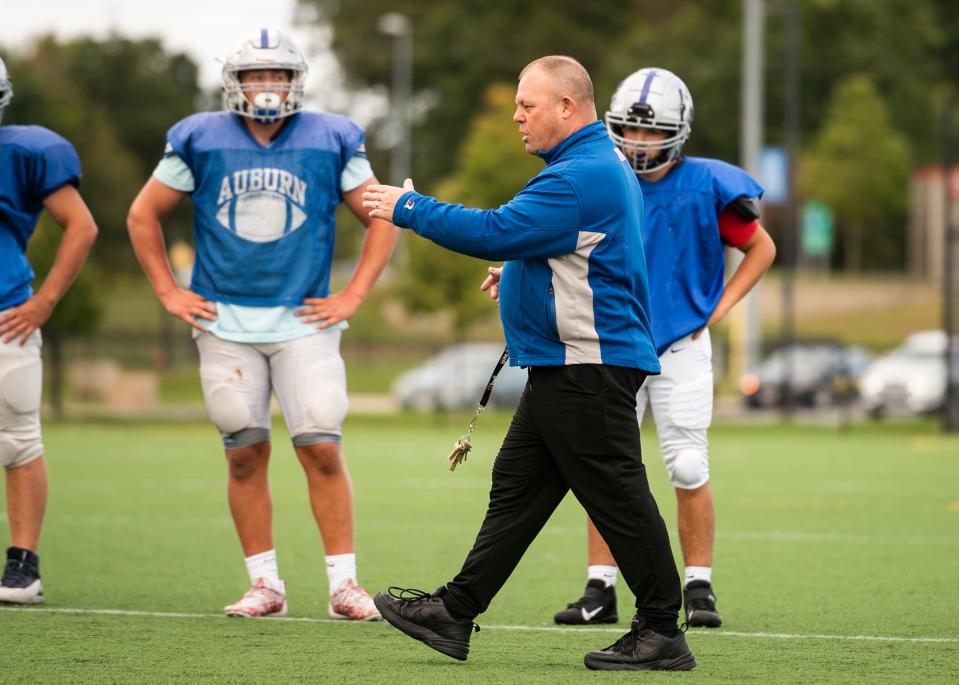 Auburn High football coach Jeff Cormier directs his team at practice on Sept. 29, 2021.