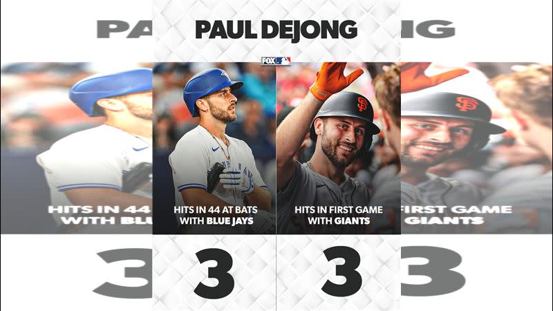 德揚（Paul DeJong）轉戰藍鳥44打數3安，被巨人撿走首場出賽就敲3安。（圖／翻攝自FOX Sports: MLB IG）