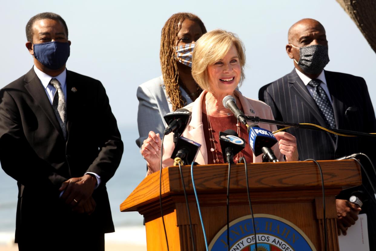 In April this year, Los Angeles County Supervisor Janice Hahn announces the process of returning Bruce's Beach in Manhattan Beach to the family of Willa and Charles Bruce. California State Sen. Steven Bradford, right, was the author of SB 796, which would allow the land to be returned to surviving members of the Bruce family. Los Angeles Supervisor Holly Mitchell stands center. 