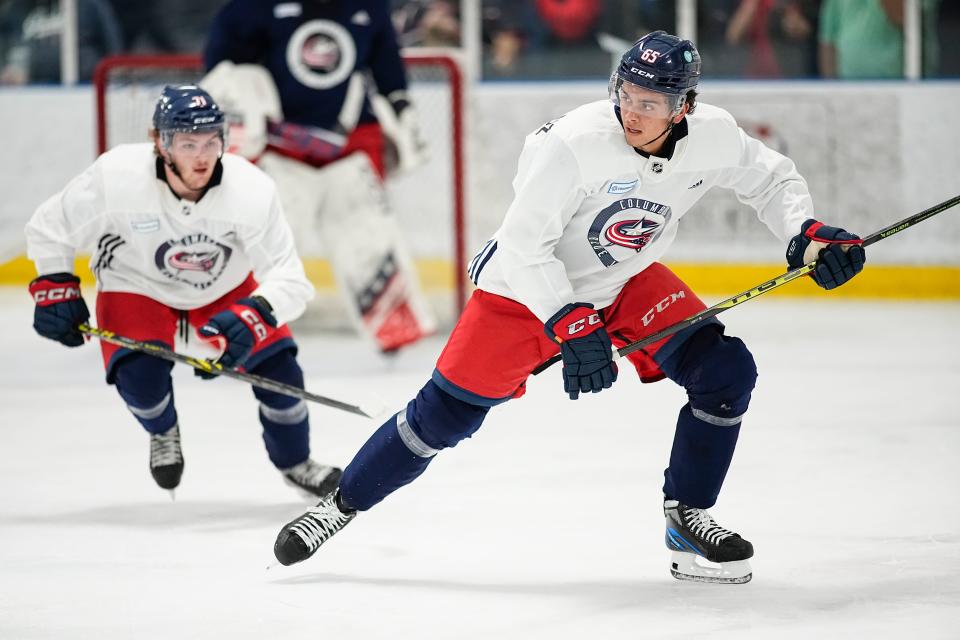 Jul 2, 2023; Columbus, Ohio, USA;  Forward Luca Del Bel Belluz (65) skates during the Columbus Blue Jackets development camp at the OhioHealth Chiller North in Lewis Center. 