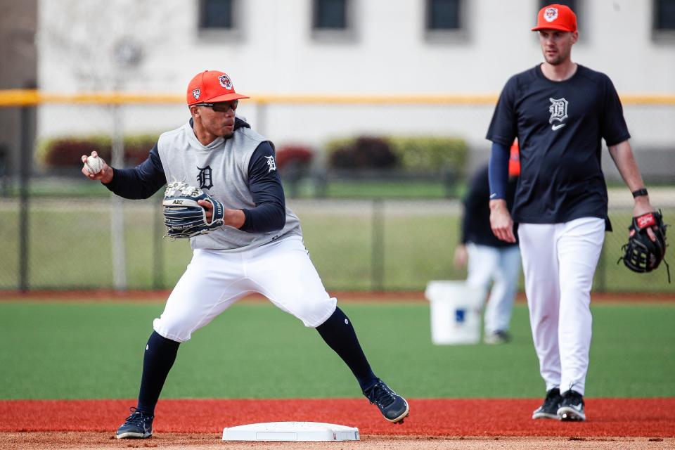 Detroit Tigers infielder Wenceel Pérez practices during spring training at TigerTown in Lakeland, Fla. on Monday, Feb. 19, 2024.