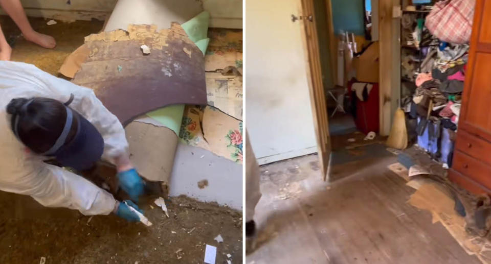 A photo of one of the cleaner's ripping up the mould-infested carpet. Another photo of the room after the carpet was taken off.