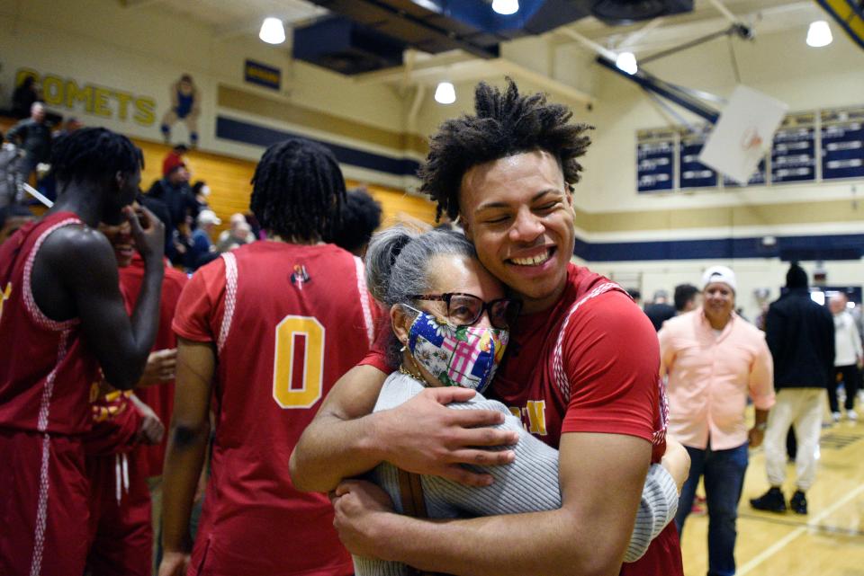 Don Bosco Vs. Bergen Catholic in the finals of the Bergen County Jamboree boys basketball tournament at Hackensack High School on Saturday, February 26, 2022. BC #23 Julian Brown celebrates after defeating Don Bosco. 