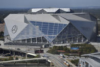 FILE - Mercedes-Benz stadium is seen, Wednesday, Oct. 4, 2017, in Atlanta. The 2026 World Cup final will be played at MetLife Stadium in East Rutherford, N.J., on July 19. FIFA made the announcement Sunday, Feb. 4, 2024, at a Miami television studio, allocating the opener of the 39-day tournament to Mexico City’s Estadio Azteca on June 11. Semifinals will be played on July 14 at AT&T Stadium in Arlington, Texas, and the following day at Mercedes Benz Stadium in Atlanta. (AP Photo/Mike Stewart, File)