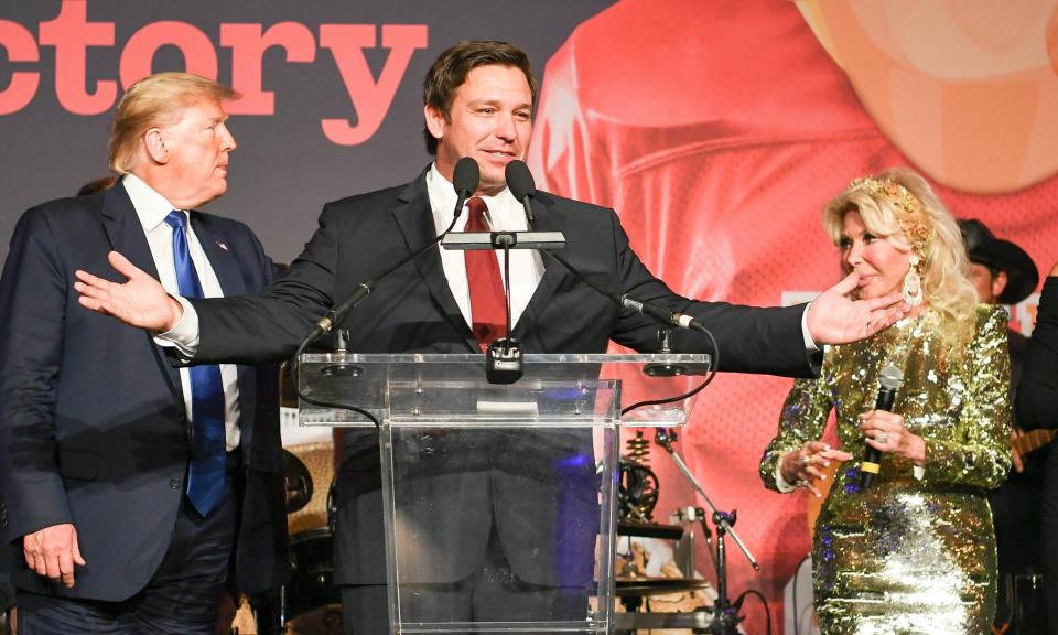 Florida Governor Ron DeSantis speaks to guests at The Trumpettes Red, White and Blue Celebration at Mar-a-Lago on Feb. 1, 2020.