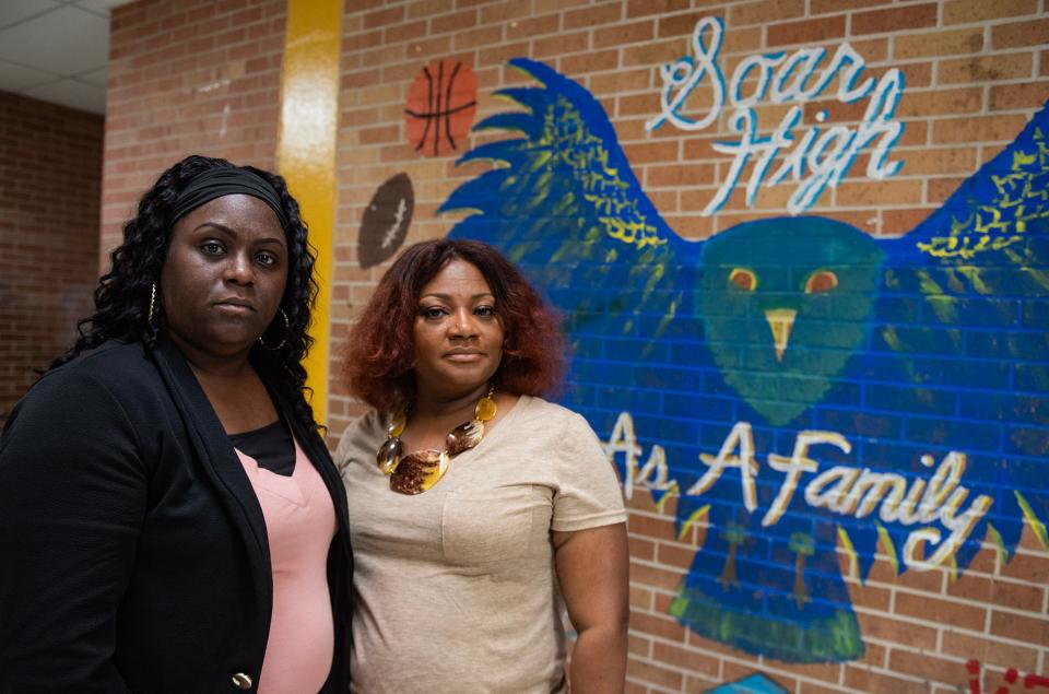 Frankie Johnson, dean of students, and Chantel Evans-Gatewood, history teacher, seen on on Tuesday, May 14, 2024, became friends while working at Wingfield High School in Jackson. "This is like my second home. It's just gonna be a big adjustment," Evans-Gatewood said. "Still just kinda shocked. Disappointed. Hurt," Johnson said.