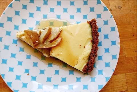 Cheesecake Tart with Lime-Poached Pears