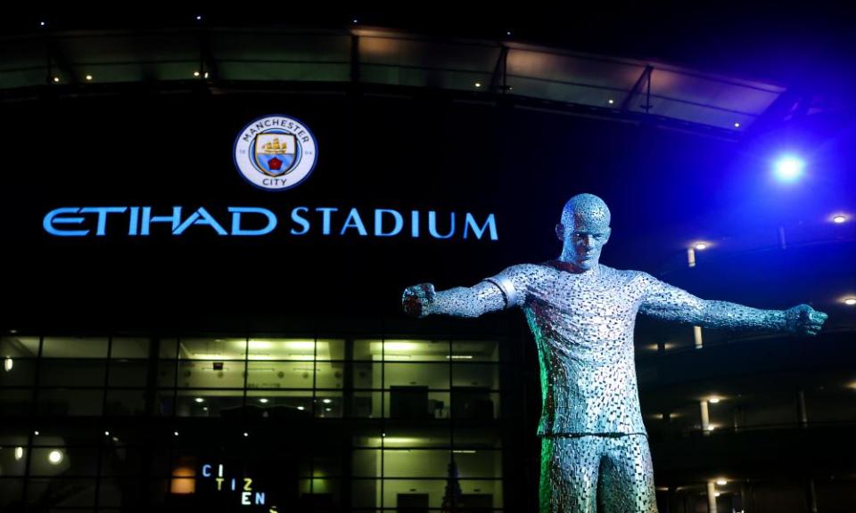 A statue of the former Manchester City captain Vincent Kompany outside the Etihad Stadium.