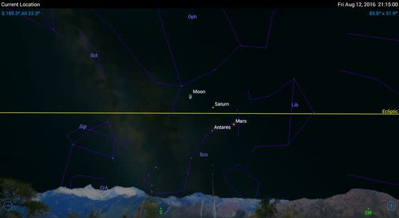 This summer, the naked-eye planets Mars and Saturn have been low in the southern sky, above the stars of Scorpius. On Aug. 12, the moon joins the two planets as it swings rapidly eastward along the ecliptic. O