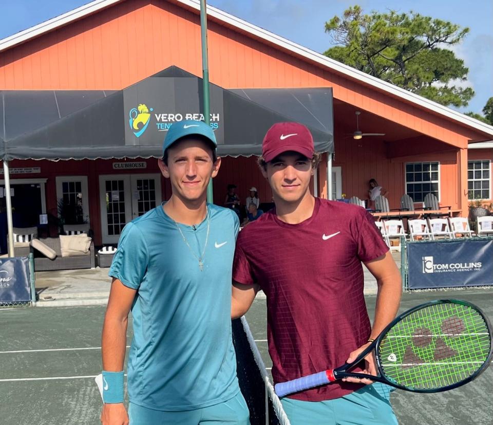 Nico Godsick (left) and Peter Bertran before their Thursday morning match at the Mardy Fish Children’s Foundation $15,000 ITF/USTA Pro Circuit tournament.