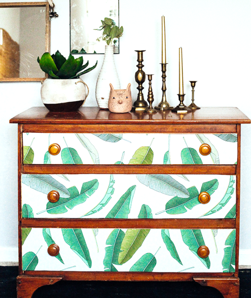 Stick-on wallpaper: Old dresser dressed up with wallpaper drawers with stick-on wallpaper 