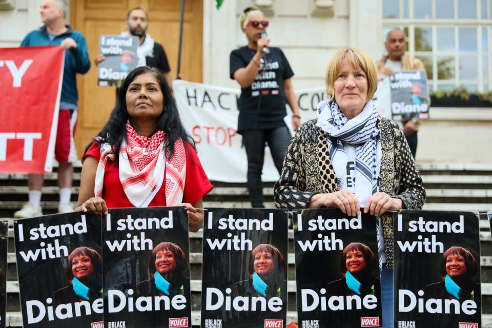Protestors gather outside Hackney Town Hall in support of Diane Abbott on May 29, 2024 (Getty Images)