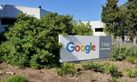 A sign is pictured outs a Google offcie near the company's headquarters in Mountain View, California