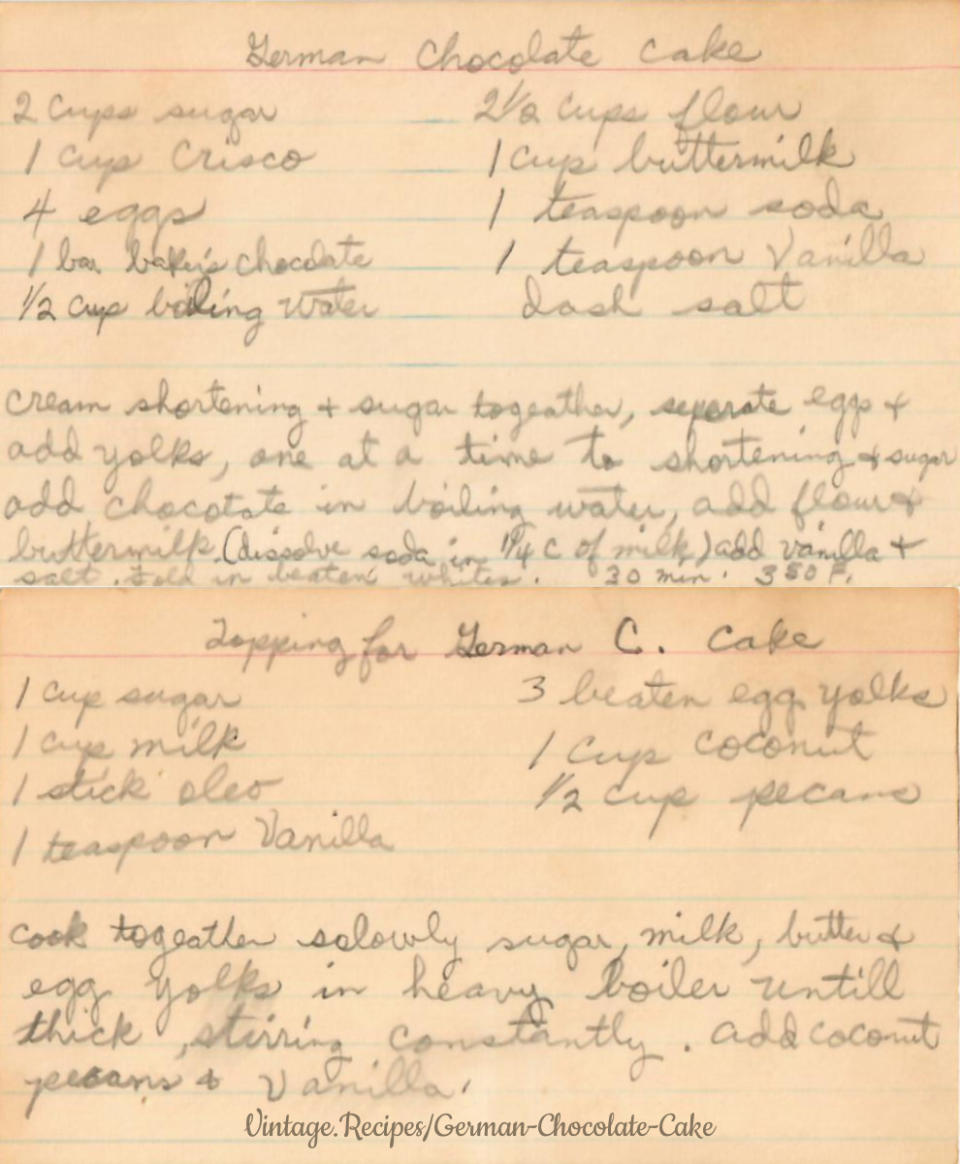 The Adkins family's German chocolate cake recipe, as posted on Vintage Recipes. (Tony Thompson/Vintage Recipes)