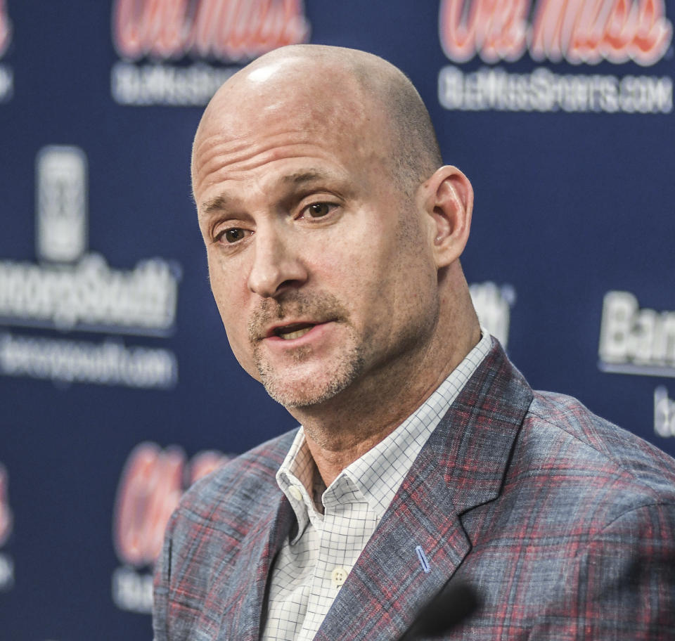 Mississippi head coach Andy Kennedy speaks at a press conference at the Pavilion at Ole Miss in Oxford, Miss. on Monday, Feb. 12, 2018. Kennedy, in his 12th season as Mississippi head coach, announced he would not return as coach following this season.(Bruce Newman/Oxford Eagle via AP)