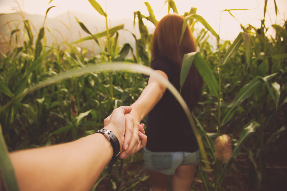 Two people walk through tall greenery holding hands, one person leading the other. Faces are not visible