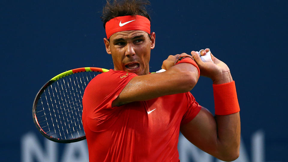 Rafael Nadal of Spain plays a shot against Benoit Paire of France during a 2nd round match on Day 3 of the Rogers Cup at Aviva Centre on August 8, 2018 in Toronto, Canada. (Photo by Vaughn Ridley/Getty Images)