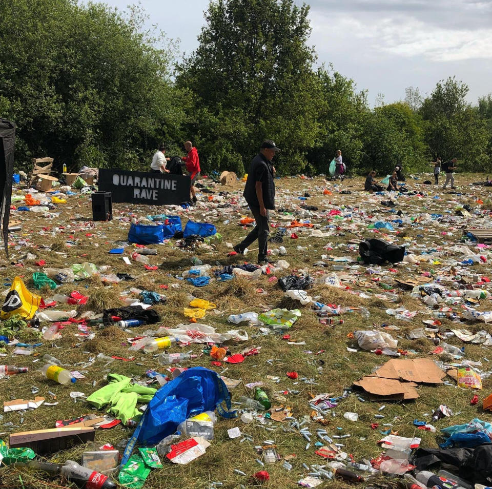 Handout photo courtesy of George Honeybee @georgiadaisy98 of the mess left behind following a rave at Daisy Nook Park in Manchester on Saturday night.