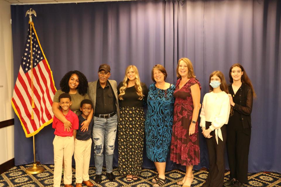 Cancer patients and their families who participated in the American Association for Cancer Research's 2023 Progress Report, from left to right: : Courtney Addison and her sons Christian and Cayden; Colbert English, Alexis Browning, Lesa Kirkman; Cindy Brown; and Isabella "Bella" Snow Fraser and her mother Emily Graton