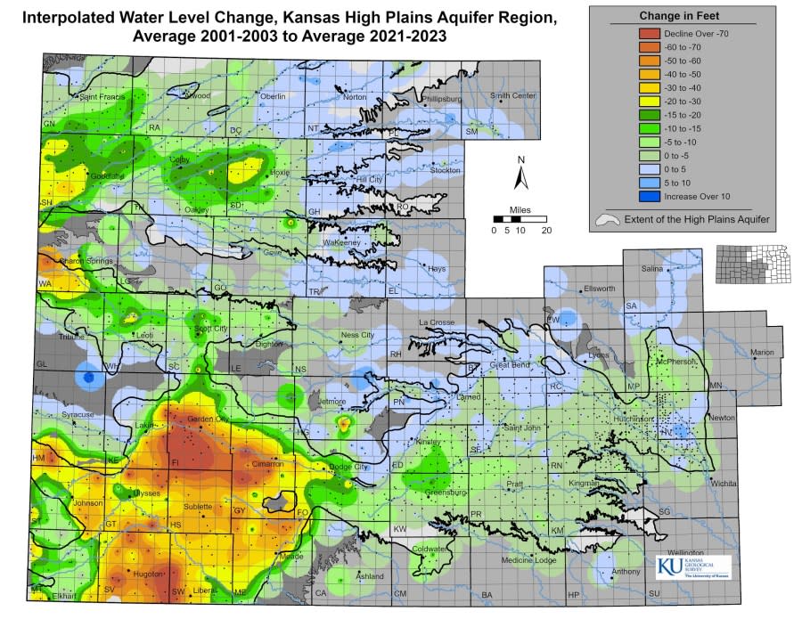 Water Level Change 2001-2003 to 2021-2023 (Courtesy Kansas Geological Survey)