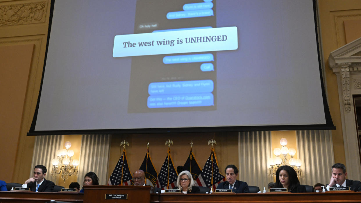 An evidence document is shown on a screen during the House select committee hearing on Tuesday