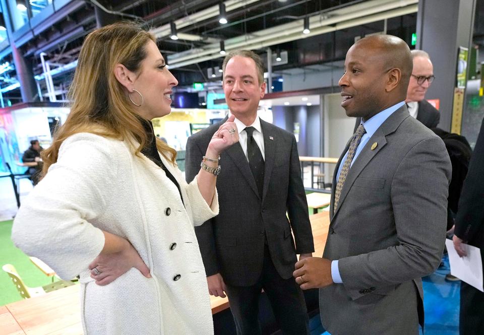 Republican National Committee Chairwoman Ronna McDaniel (left) talks with Milwaukee Mayor Cavalier Johnson (right) and Republican host committee chairman Reince Priebus after giving an update on the preparations taking place for the 2024 Republican National Convention in Milwaukee. Officials held the press conference at the 3rd Street Market Hall in Milwaukee on Thursday, Feb. 2, 2023, addressing details of the convention to be held July 15-18, 2024.