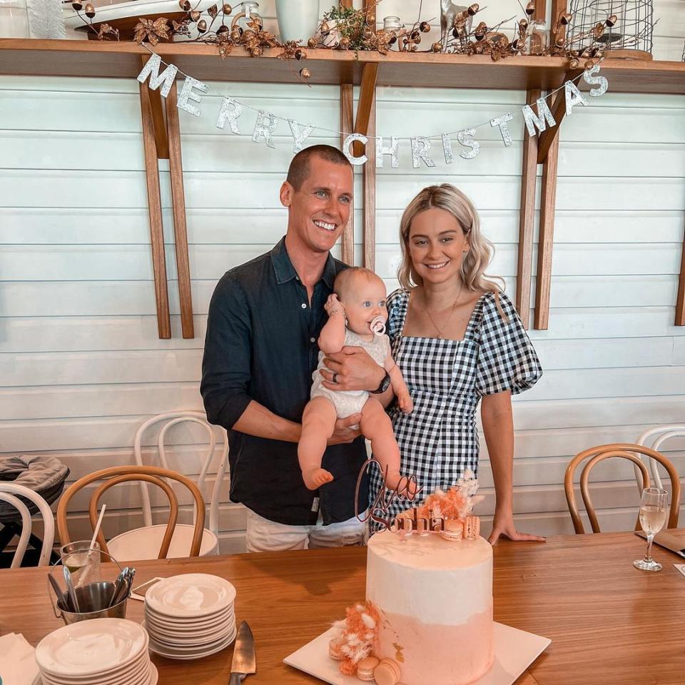 The Block season 2019 contestants Luke and Tess with their baby daughter, Cleo at her baptism celebration. Photo: Instagram/jess_cleopha.