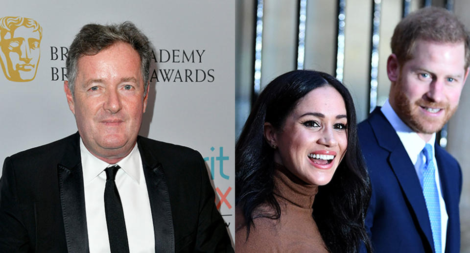 Piers Morgan and a picture of Meghan Markle and Prince Harry