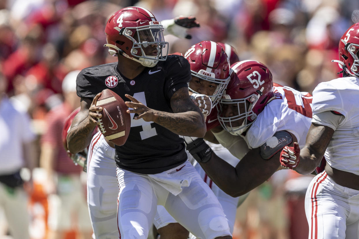 Jalen Milroe played well in Saturday's A-Day game, but did he play well enough to win the starting job? (AP Photo/Vasha Hunt)