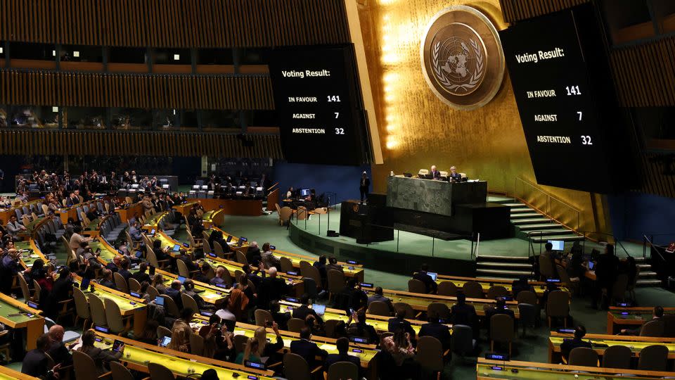 An electronic sign displays the results of a vote by delegations adopting a resolution on Ukraine during a meeting of the United Nations General Assembly to mark one year since Russia invaded Ukraine, at UN headquarters in New York City on Thursday. - Mike Segar/Reuters