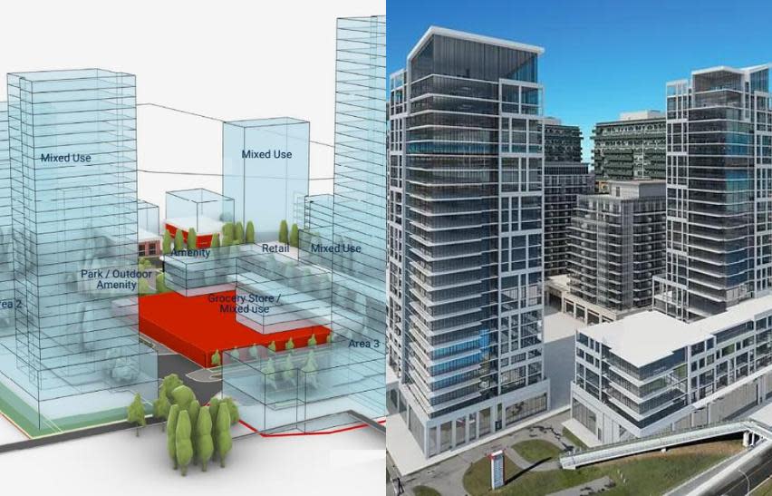 At left, RioCan's rendering of how tall new residential towers could be in its redevelopment of Glenmore Landing. At right, a protest group's own depiction of the scenario they are trying to fight. It ran on the cover of the latest newsletter from the Palliser-Bayview-Pumphill Community Association.