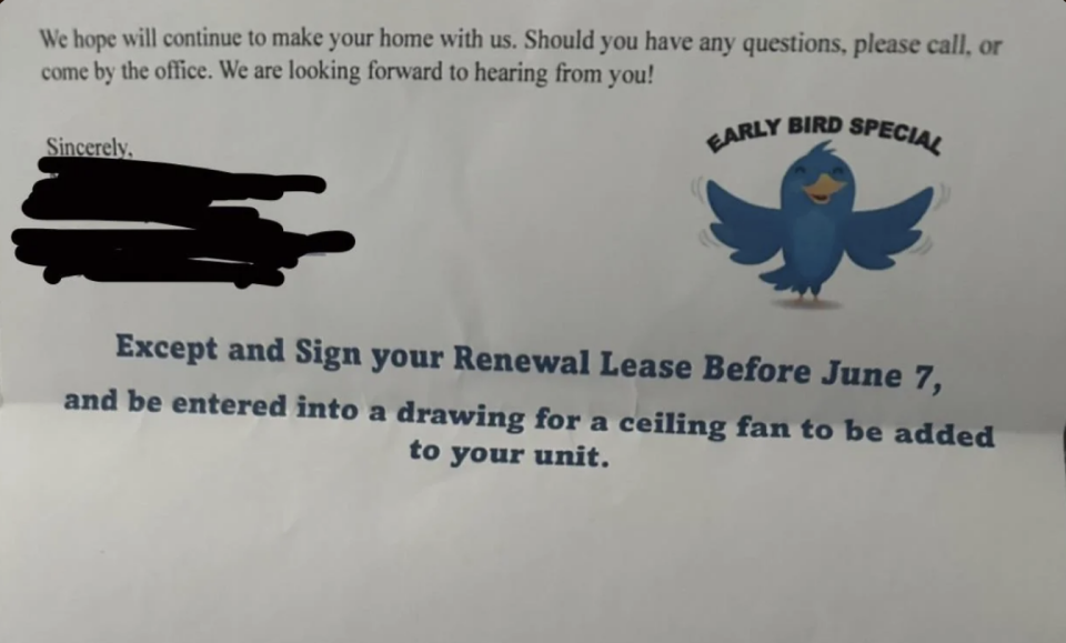 A flyer with a blue bird mascot offering an "Early Bird Special" for signing a lease renewal before June 7 to enter a drawing for a ceiling fan installation