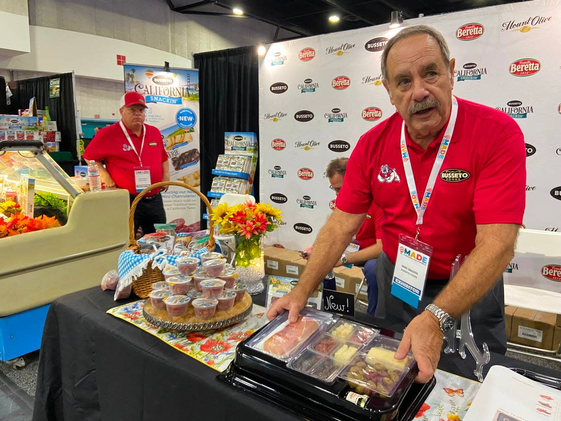 Bussetto Foods president Mike Grazier talks about his Fresno-based company’s charcuterie kit at the MADE Central California show. Bethany Clough/bclough@fresnobee.com