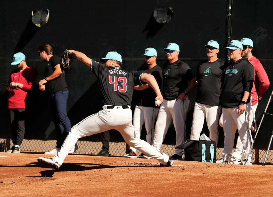 Arizona Diamondbacks pitcher Slade Cecconi (43) throws in the bullpen during spring training workouts at Salt River Fields at Talking Stick in Scottsdale on Feb. 15, 2024.