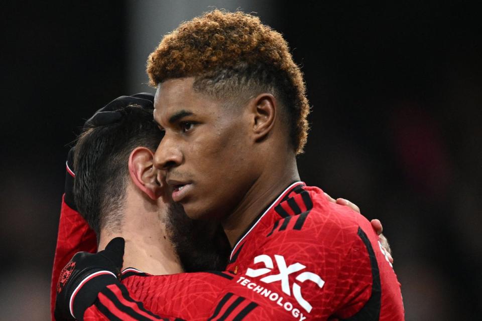 Fernandes handed the ball to Rashford for a second-half penalty (AFP via Getty Images)