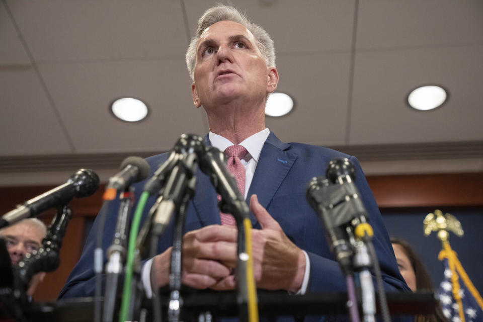FILE - House Minority Leader Kevin McCarthy, of Calif., speaks during a news conference, Nov. 15, 2022, after voting on top House Republican leadership positions, on Capitol Hill in Washington. The Republican Party’s narrow capture of the House majority is poised to transform the agenda in Washington, empowering GOP lawmakers to pursue conservative goals and vigorously challenge the policies of President Joe Biden and his administration. (AP Photo/Jacquelyn Martin, File)
