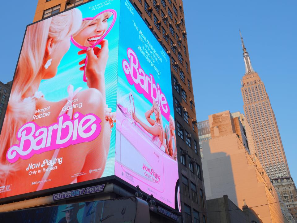 A huge digital billboard for "Barbie" in New York City.