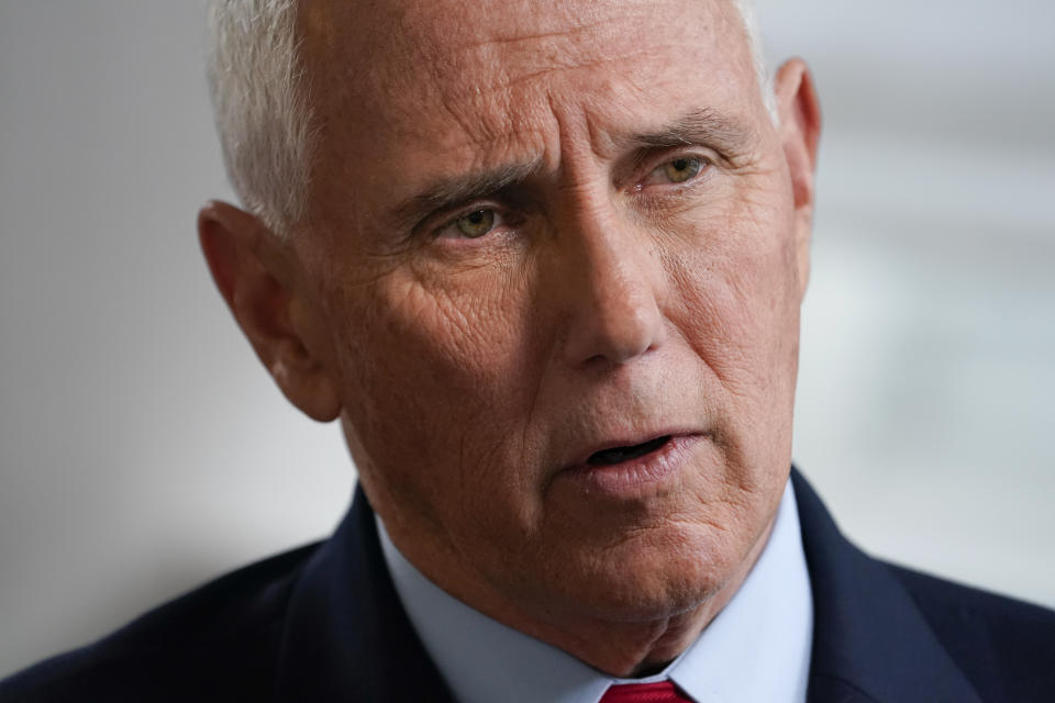 FILE - Former Vice President Mike Pence sits for an interview with the Associated Press, Nov. 16, 2022, in New York. Pence has been subpoenaed by the special counsel overseeing investigations into efforts by former President Donald Trump and his allies to overturn the results of the 2020 election, according to a person with direct knowledge of the event, Thursday, Feb. 9, 2023. (AP Photo/John Minchillo, File)