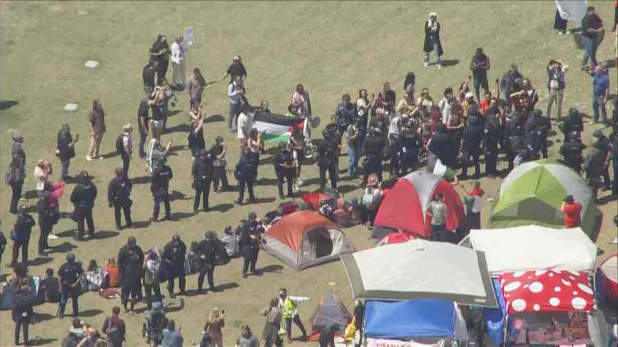 Police crews responded to an encampment at a pro-Palestine protest at the Auraria campus in Denver, Colorado, on April 26, 2024. (KDVR)