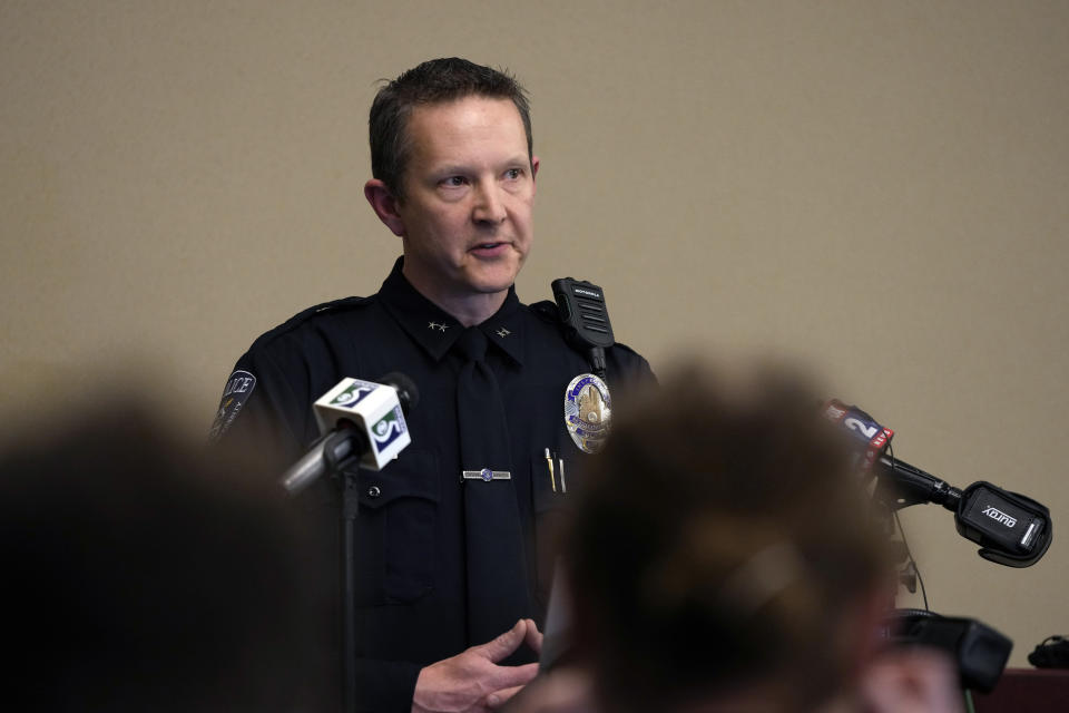 Michigan State University Interim Deputy Chief Chris Rozman addresses the media, late Monday, Feb. 13, 2023, in East Lansing, Mich. University police say multiple people have been reported injured in shootings on campus. (AP Photo/Carlos Osorio)