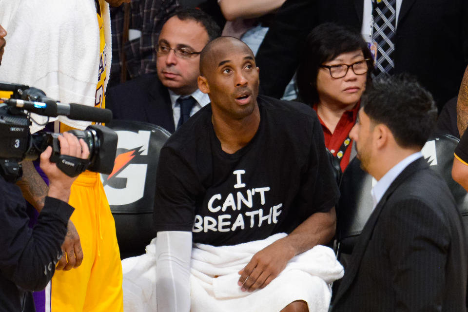 Kobe Bryant wears an “I Can’t Breathe” T-shirt to protest the death of Eric Garner at a basketball game between the Sacramento Kings and the Los Angeles Lakers at Staples Center, Dec. 9, 2014, in Los Angeles. (Photo: Noel Vasquez/GC Images)