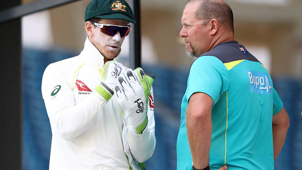 Tim Paine and David Saker. (Photo by Ryan Pierse/Getty Images)